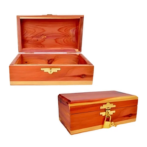 Two views of a rectangular cedar keepsake box: one open, showing the wood grain inside, and one closed with a brass latch and small padlock.